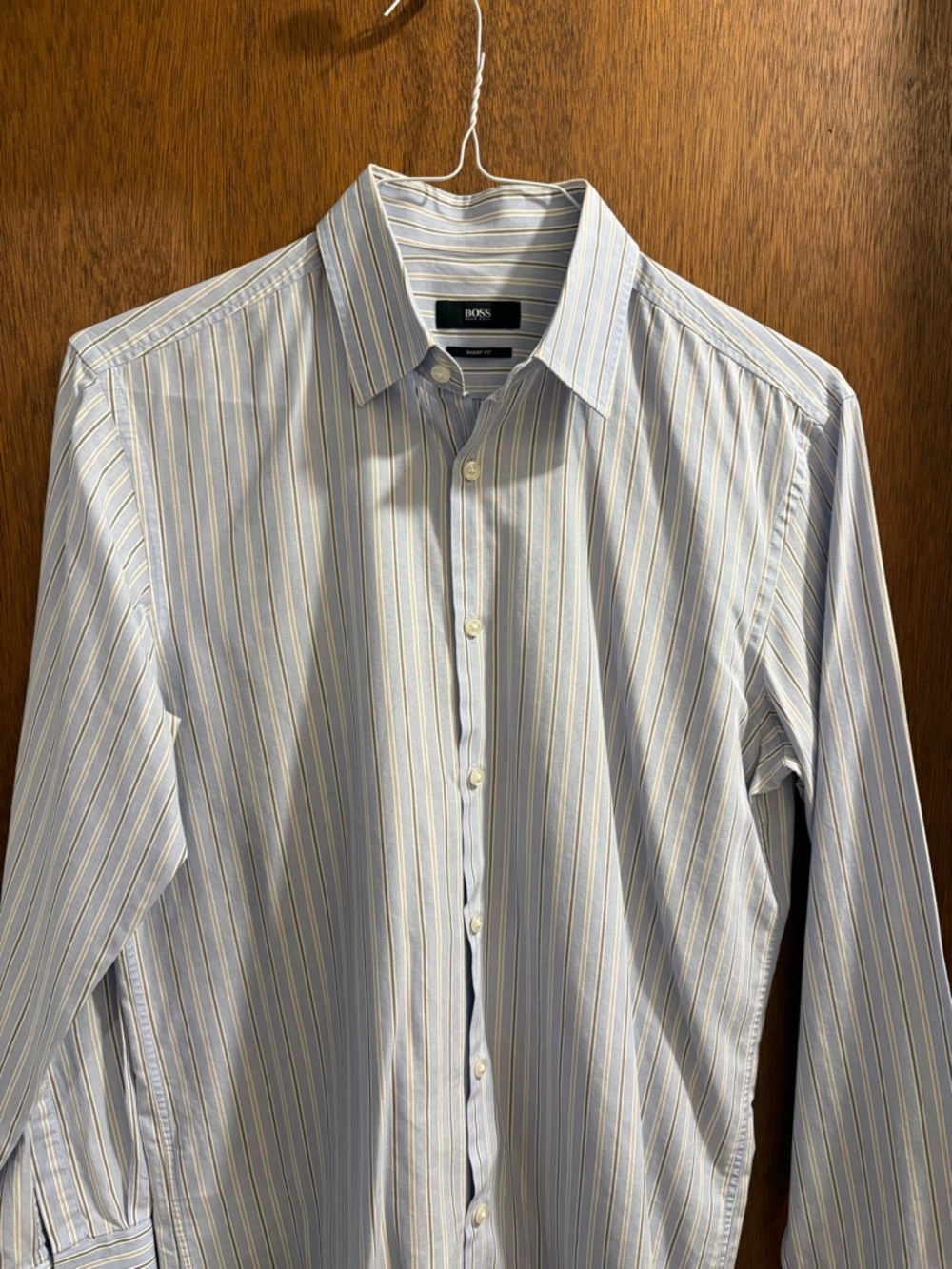 BOSS Men's Light Blue Shirt with White and Gray Stripes
